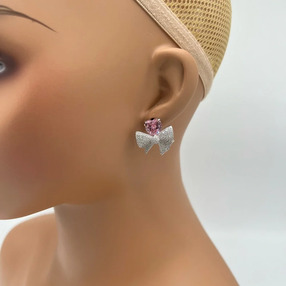 Pink Heart Bow Zircon Silver Earrings_2